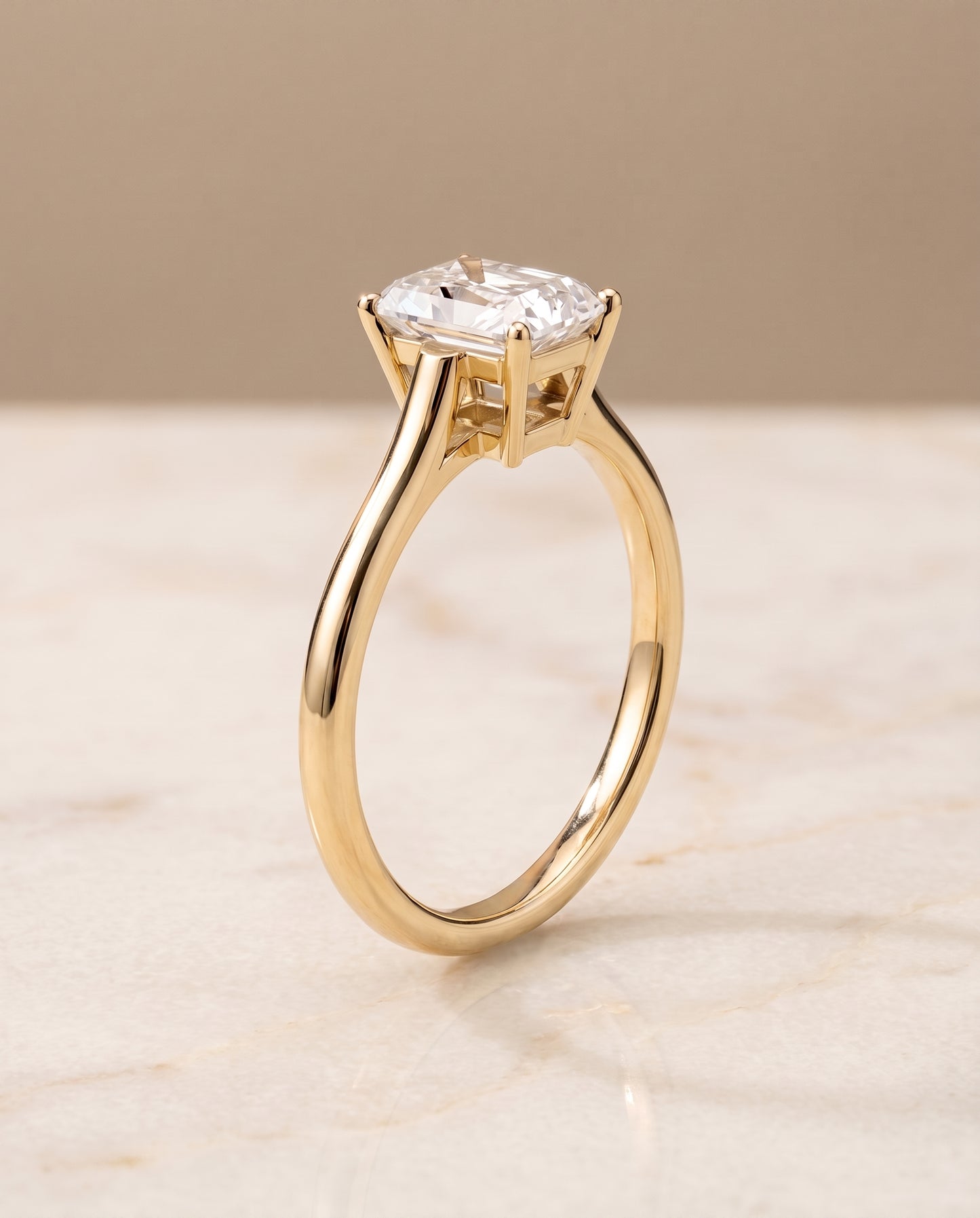 The Ellie Cathedral Comfort Fit Solitaire Radiant Cut Engagement Ring Setting in 18K Yellow Gold