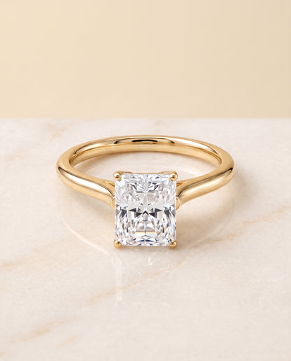 The Ellie Cathedral Comfort Fit Solitaire Radiant Cut Engagement Ring Setting in 18K Yellow Gold