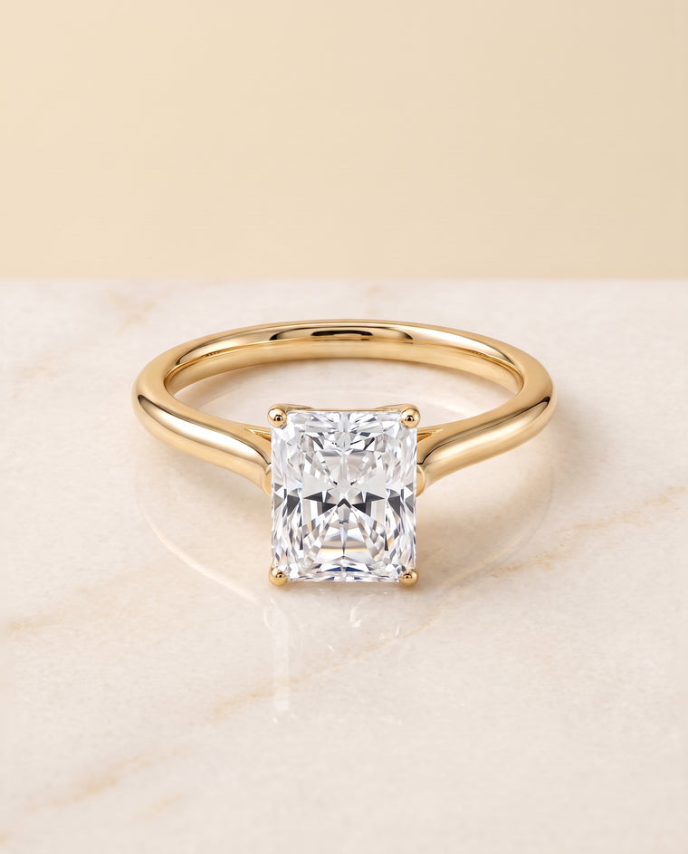 The Ellie Cathedral Comfort Fit Solitaire Radiant Cut Engagement Ring Setting in 18K Yellow Gold