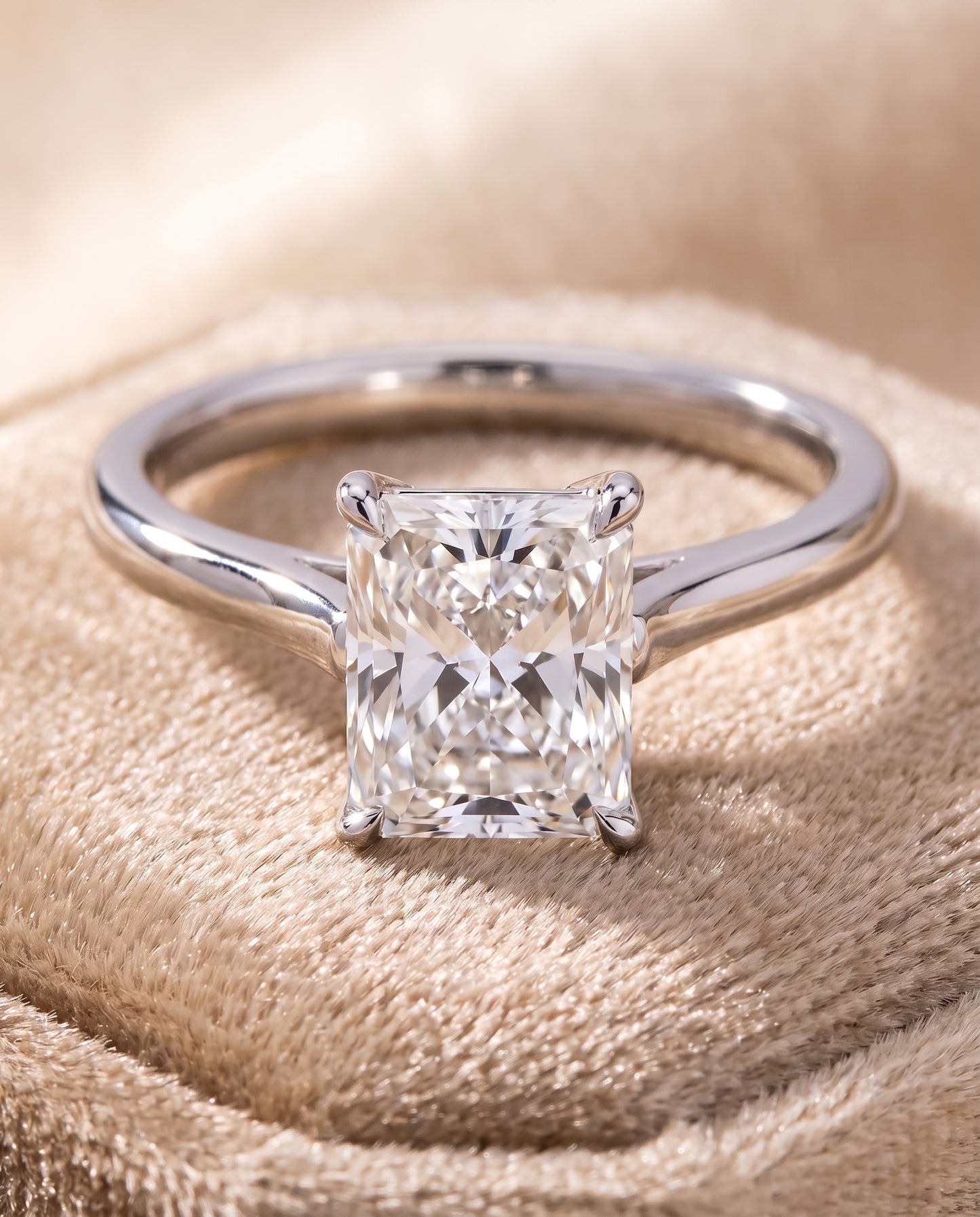 The Ellie Cathedral Comfort Fit Solitaire Radiant Cut Engagement Ring Setting in Platinum
