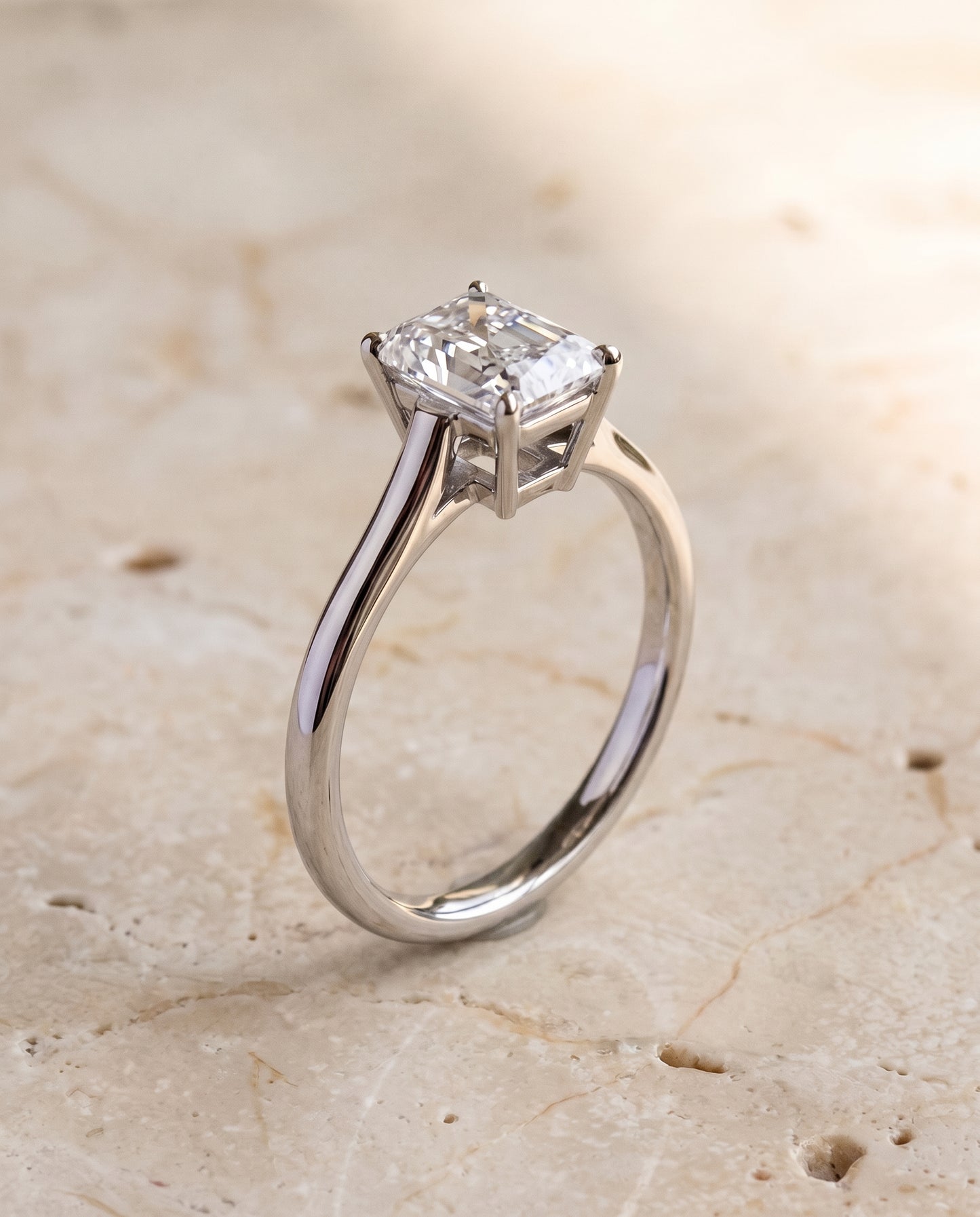 The Ellie Cathedral Comfort Fit Solitaire Radiant Cut Engagement Ring Setting in Platinum