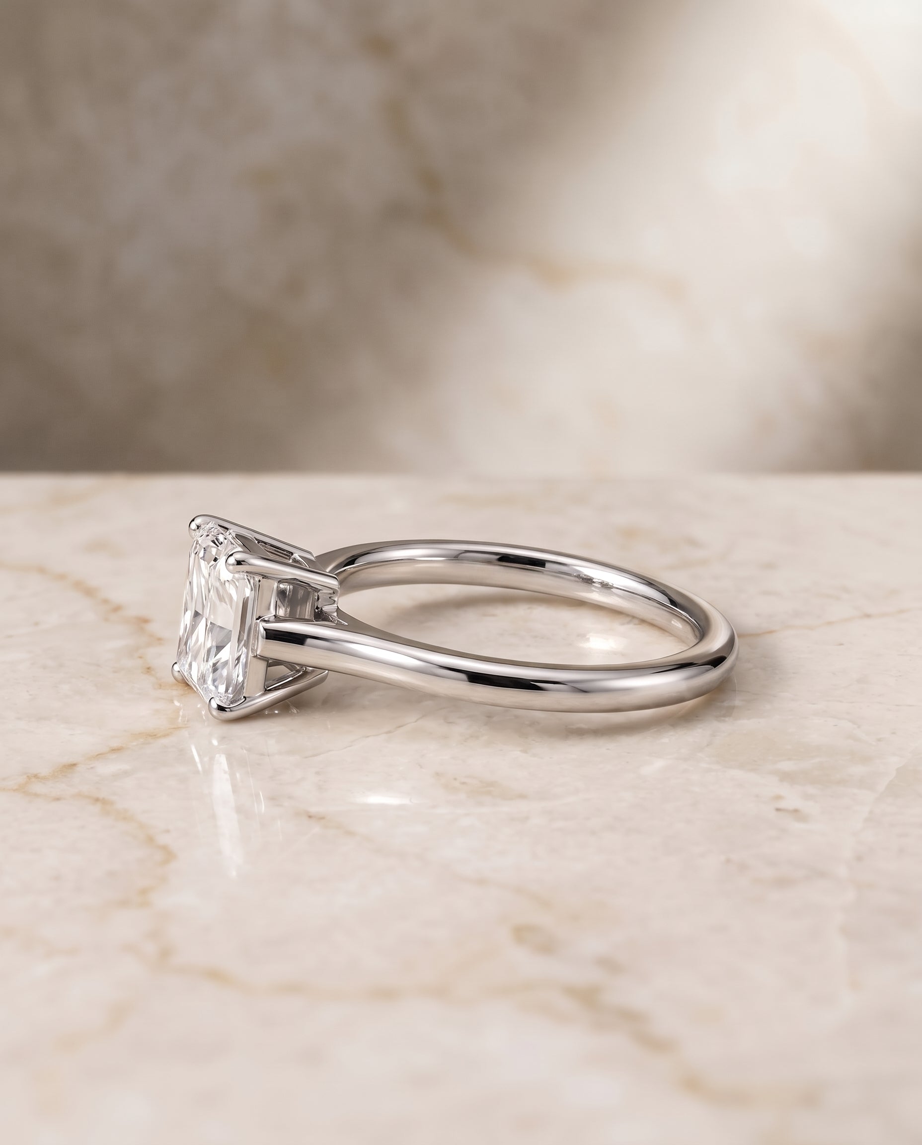 The Ellie Cathedral Comfort Fit Solitaire Radiant Cut Engagement Ring Setting in Platinum