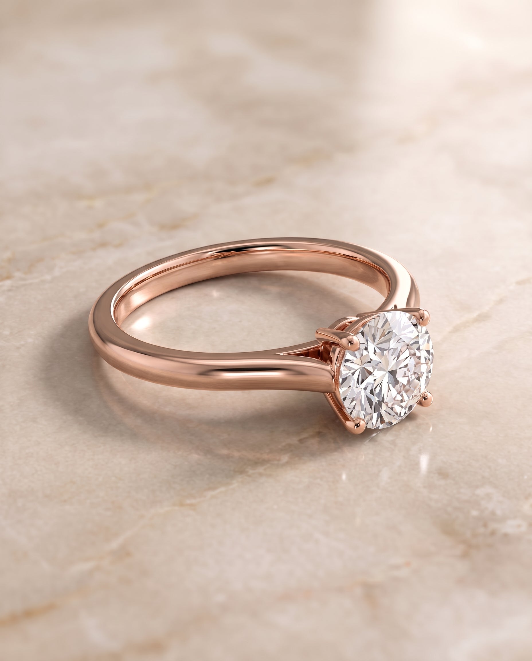 The Ellie Cathedral Comfort Fit Solitaire Round Engagement Ring Setting in 14K Rose Gold