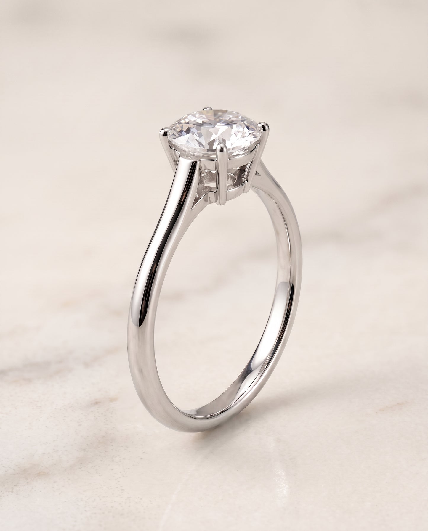 The Ellie Cathedral Comfort Fit Solitaire Round Engagement Ring Setting in 18K White Gold