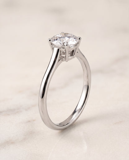 The Ellie Cathedral Comfort Fit Solitaire Round Engagement Ring Setting in 18K White Gold