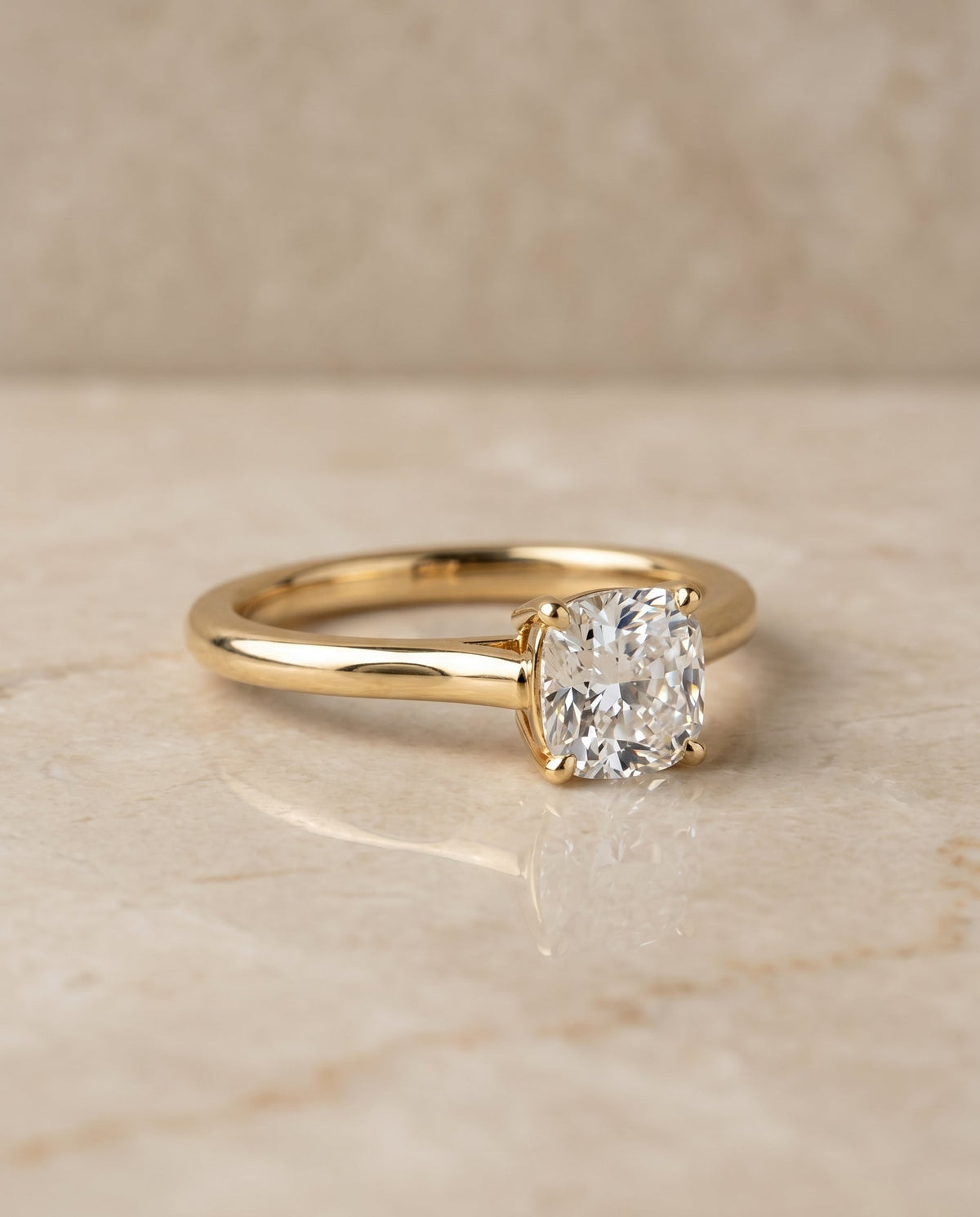 Ellie Select Solitaire Cushion Cut Lab Diamond Engagement Ring in 18K Yellow Gold, alternate angle | RockHer