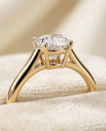 The Ellie Cathedral Comfort Fit Solitaire Cushion Cut Engagement Ring Setting in 18K Yellow Gold