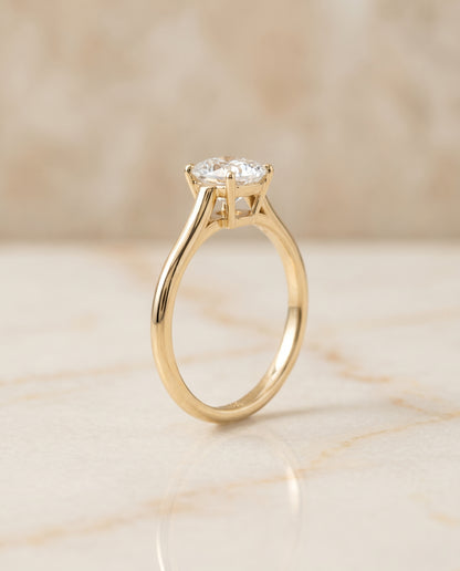 The Ellie Cathedral Comfort Fit Solitaire Cushion Cut Engagement Ring Setting in 18K Yellow Gold