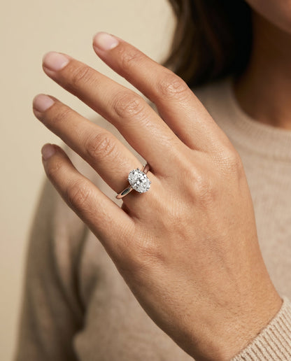 Ellie Select Solitaire Oval Lab Diamond Engagement Ring in Platinum, shown on hand | RockHer