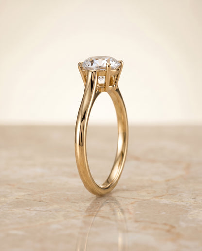 The Ellie Cathedral Comfort Fit Solitaire Round Engagement Ring Setting in 18K Yellow Gold