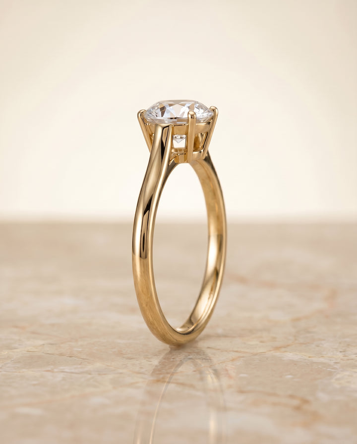 The Ellie Cathedral Comfort Fit Solitaire Round Engagement Ring Setting in 18K Yellow Gold