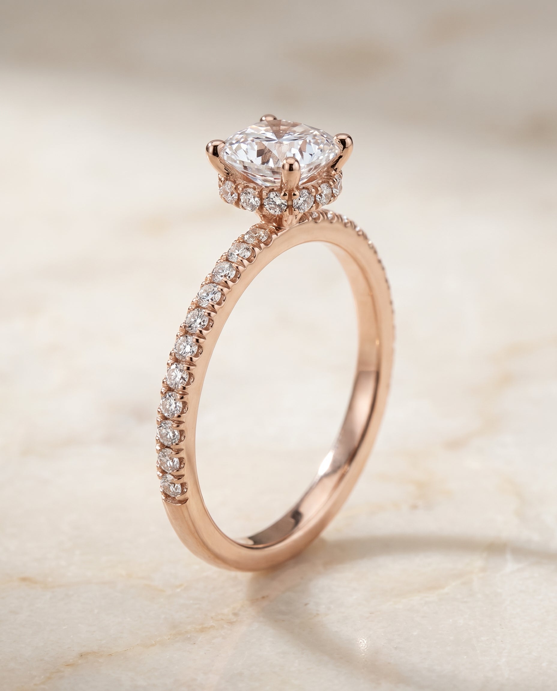 The Elliott Hidden Halo Pavé Cushion Cut Engagement Ring Setting in 14K Rose Gold