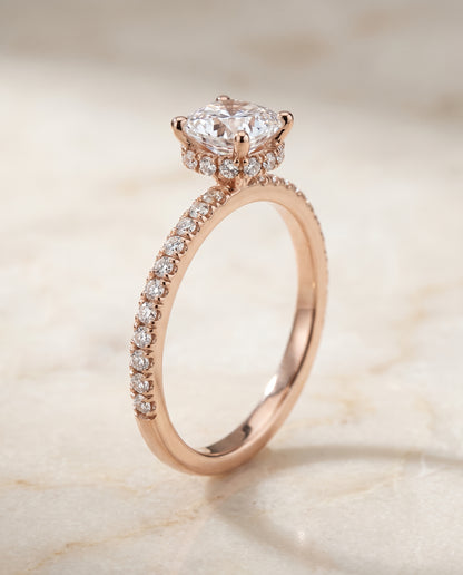 The Elliott Hidden Halo Pavé Cushion Cut Engagement Ring Setting in 14K Rose Gold