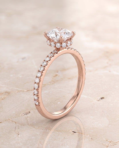 The Elliott Hidden Halo Pavé Cushion Cut Engagement Ring Setting in 14K Rose Gold
