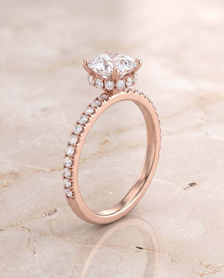 The Elliott Hidden Halo Pavé Cushion Cut Engagement Ring Setting in 14K Rose Gold