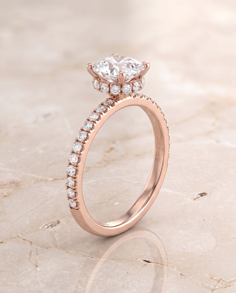 The Elliott Hidden Halo Pavé Cushion Cut Engagement Ring Setting in 14K Rose Gold