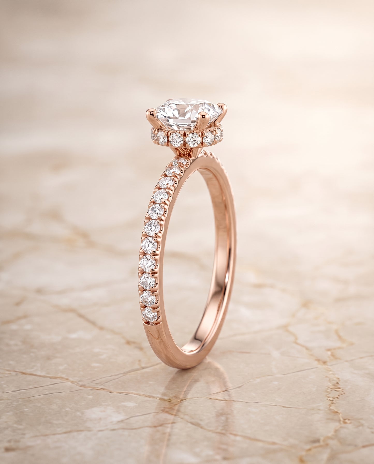 The Elliott Hidden Halo Pavé Cushion Cut Engagement Ring Setting in 14K Rose Gold