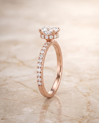 The Elliott Hidden Halo Pavé Cushion Cut Engagement Ring Setting in 14K Rose Gold