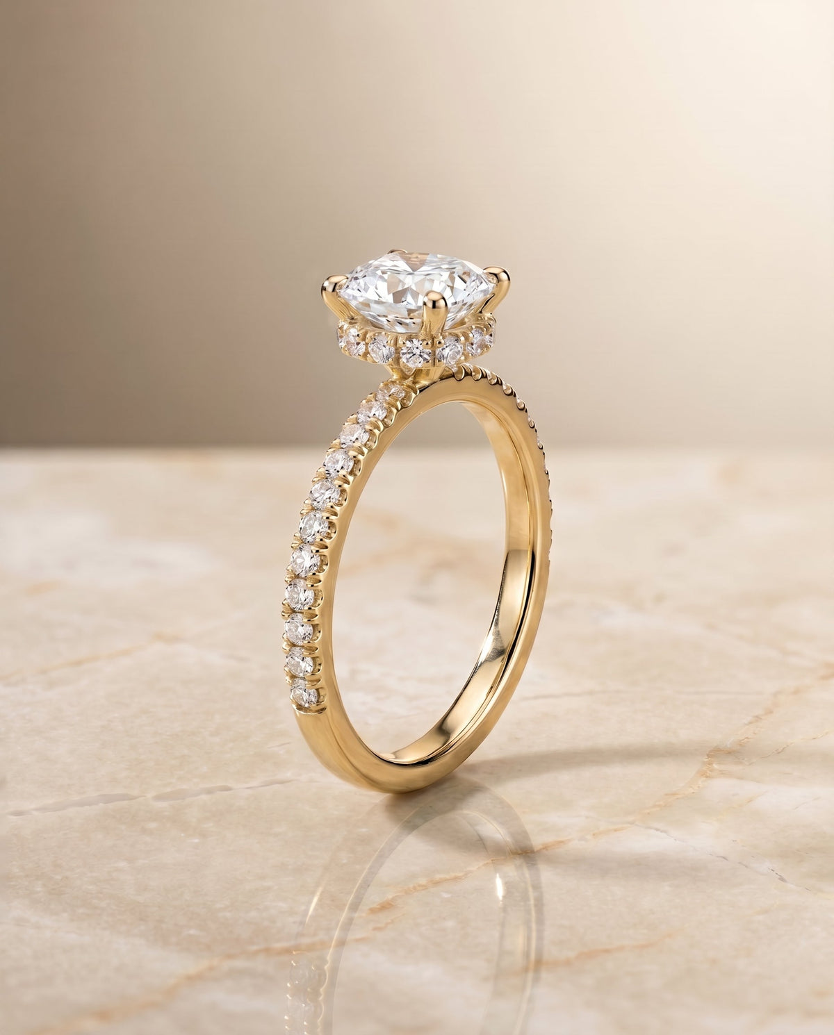 Elliott Select Hidden Halo Pavé Cushion Cut Lab Diamond Engagement Ring in 18K Yellow Gold, front view | RockHer