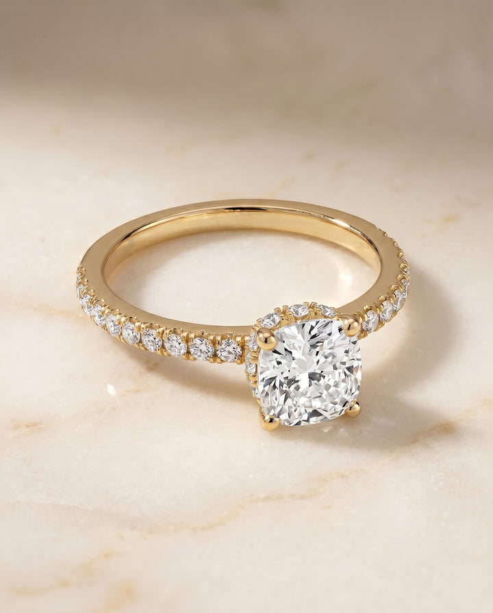 The Elliott Hidden Halo Pavé Cushion Cut Engagement Ring Setting in 18K Yellow Gold
