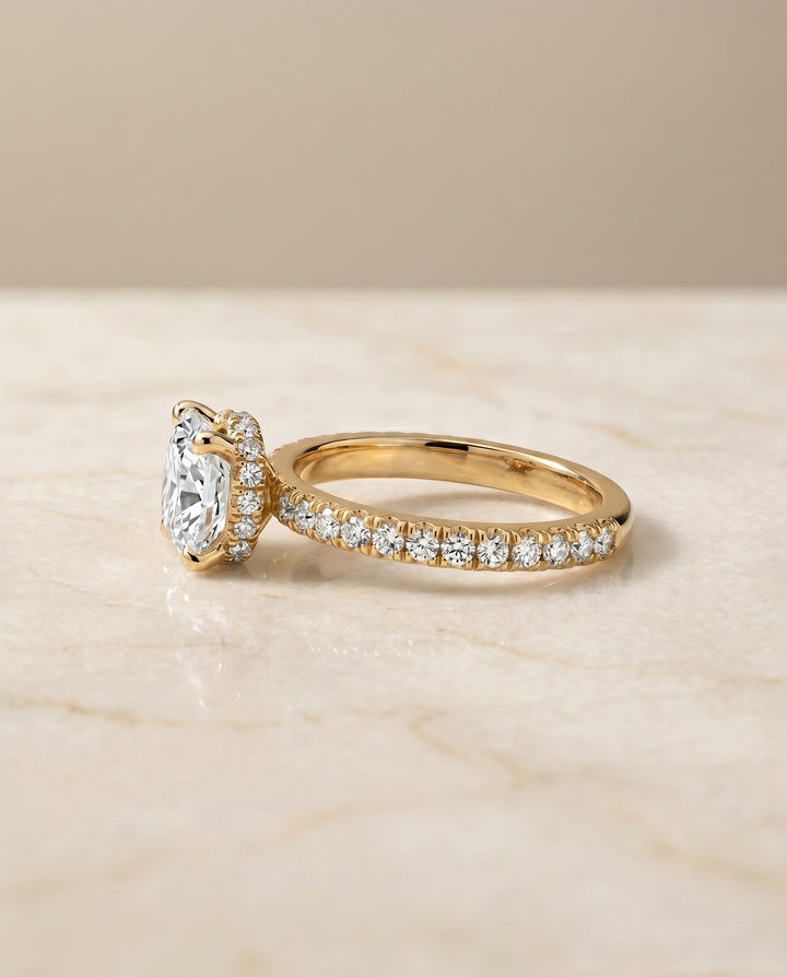 The Elliott Hidden Halo Pavé Cushion Cut Engagement Ring Setting in 18K Yellow Gold