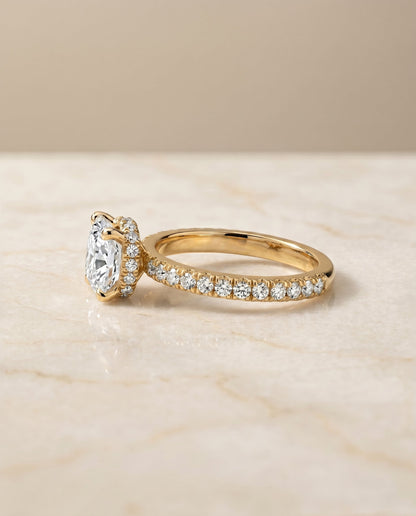 Elliott Select Hidden Halo Pavé Cushion Cut Lab Diamond Engagement Ring in 18K Yellow Gold, side view | RockHer