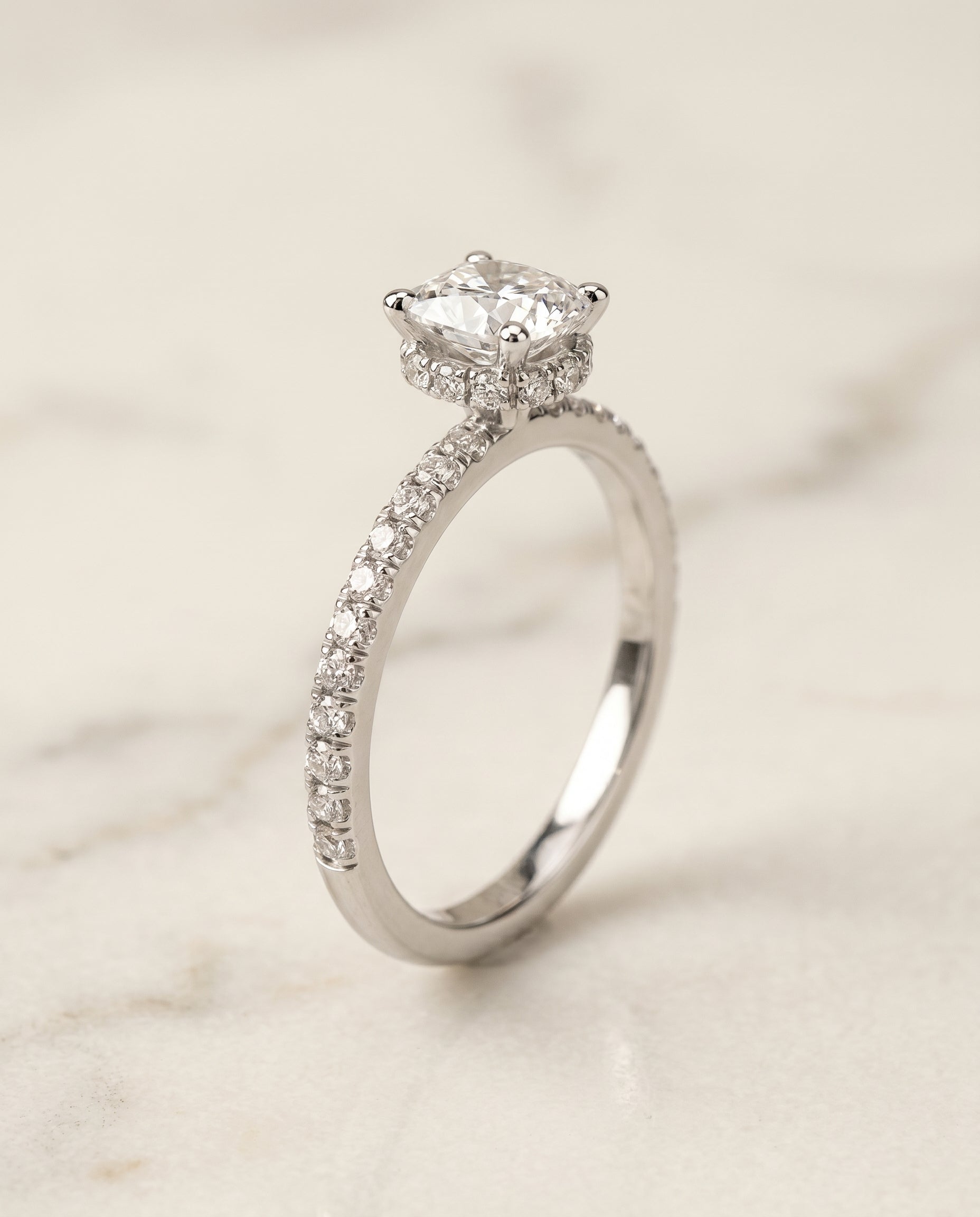 Hidden Halo Pavé Cut styling on The Elliott cushion engagement ring setting | RockHer