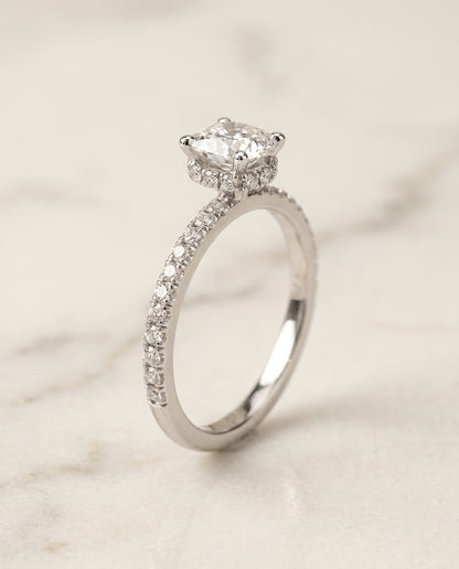 The Elliott Hidden Halo Pavé Cushion Cut Engagement Ring Setting in Platinum