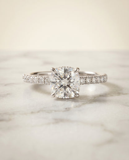 The Elliott Hidden Halo Pavé Cushion Cut Engagement Ring Setting in Platinum