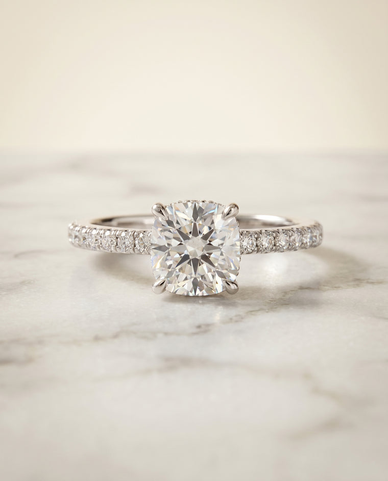 The Elliott Hidden Halo Pavé Cushion Cut Engagement Ring Setting in Platinum