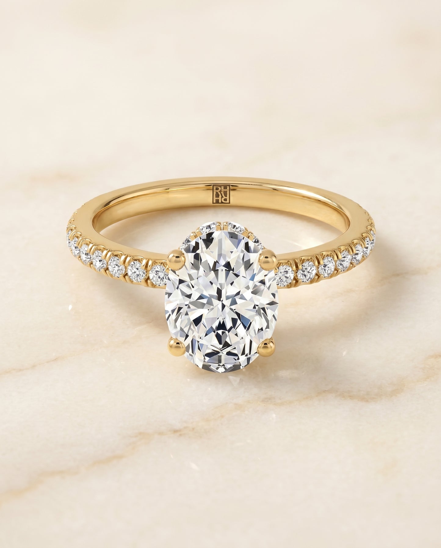 The Elliott Hidden Halo Pavé Oval Engagement Ring Setting in 18K Yellow Gold