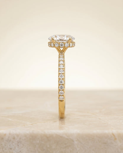 Elliott Select Hidden Halo Pavé Oval Lab Diamond Engagement Ring in 18K Yellow Gold, side view | RockHer