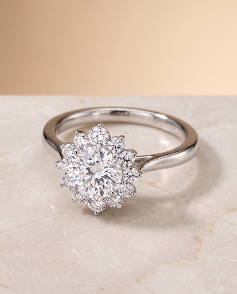 The Eloise Floral Halo Round Engagement Ring Setting in 18K White Gold