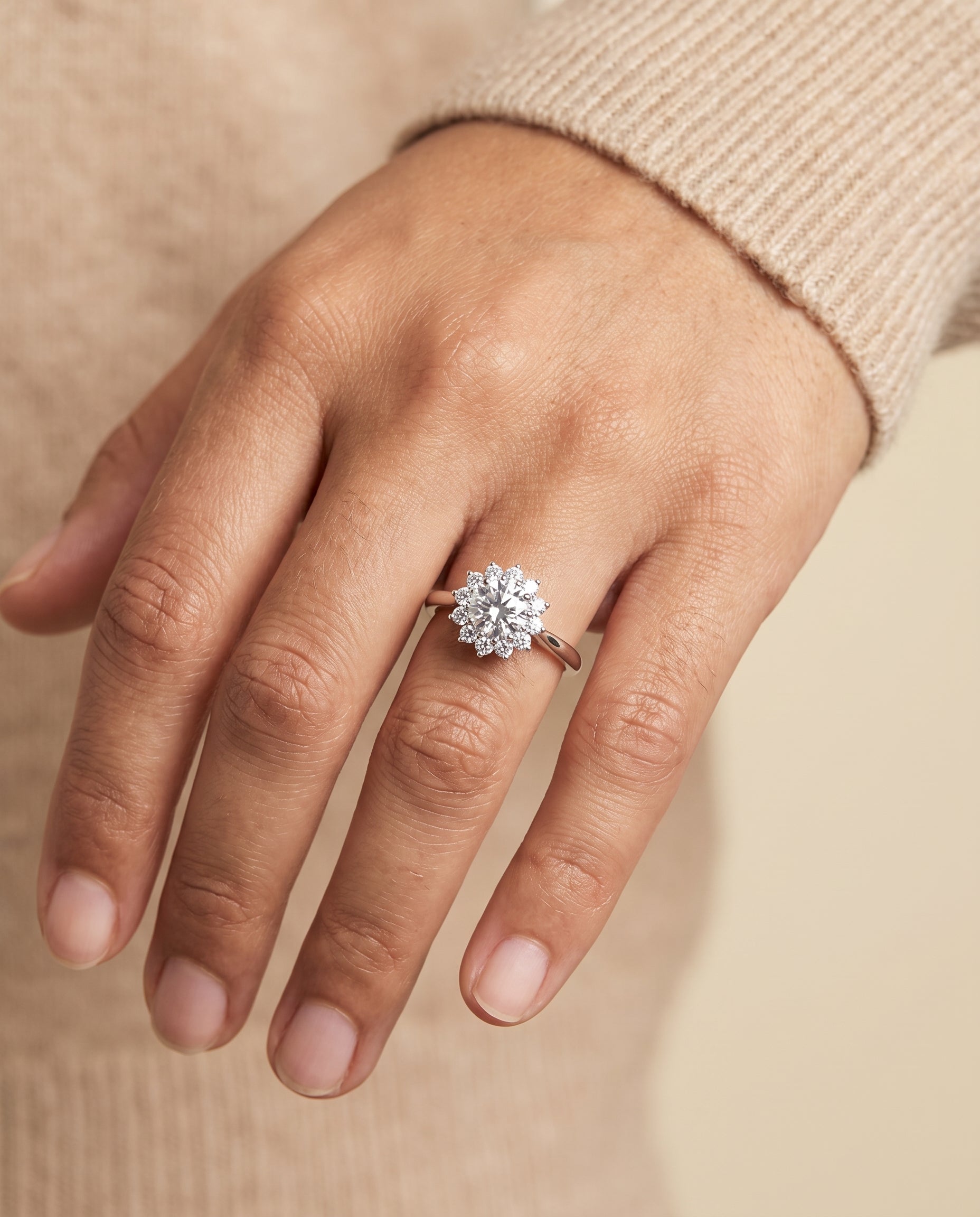 The Eloise engagement ring setting in Platinum, floral halo design | RockHer