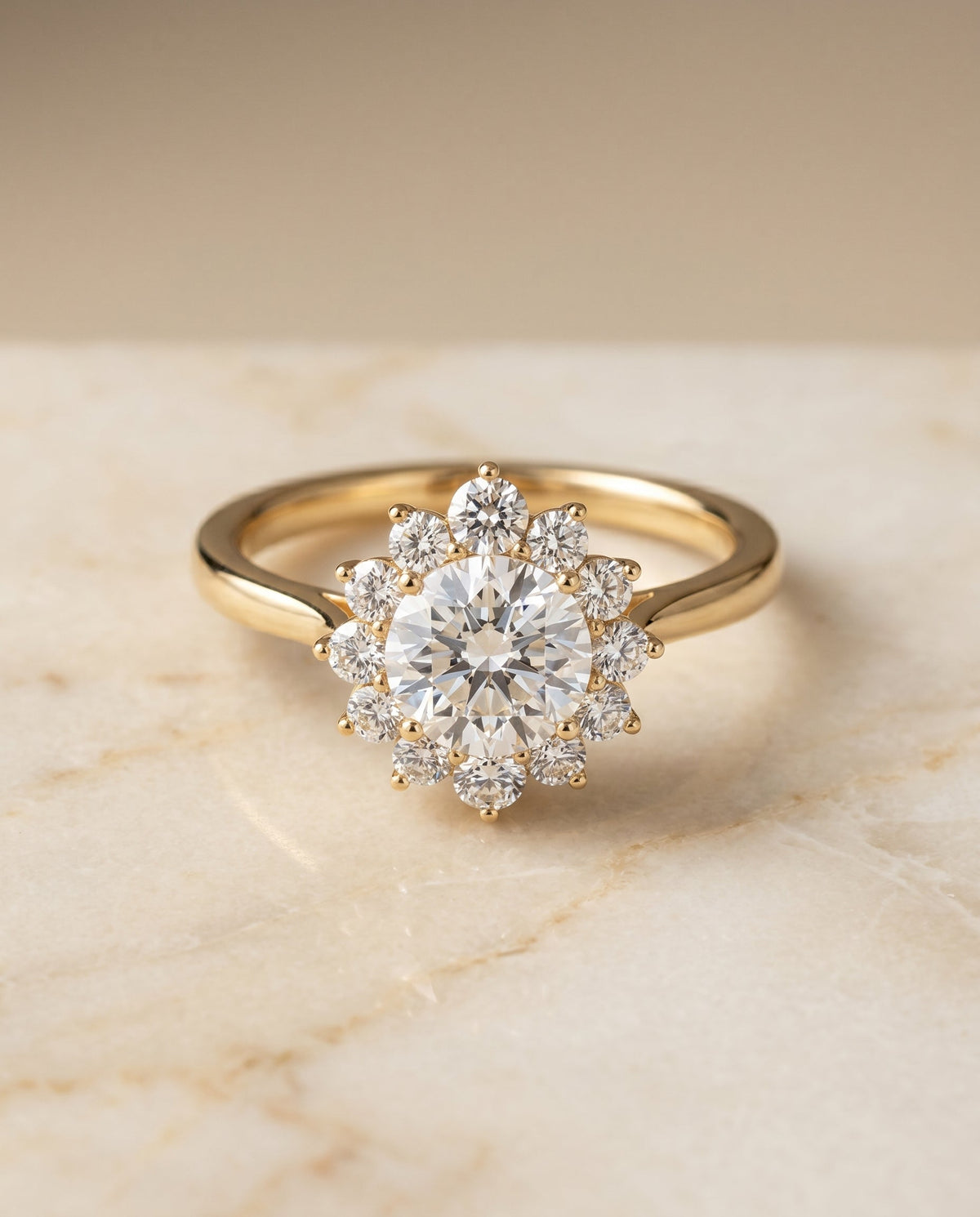 Eloise Select Halo Round Lab Diamond Engagement Ring in 18K Yellow Gold, shown on hand, angled | RockHer