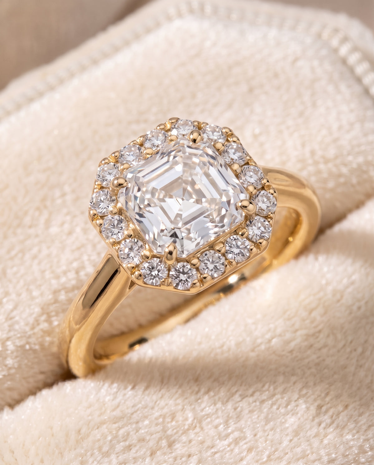 The Etta Classic Shared Prong Halo Asscher Cut Engagement Ring Setting in 18K Yellow Gold