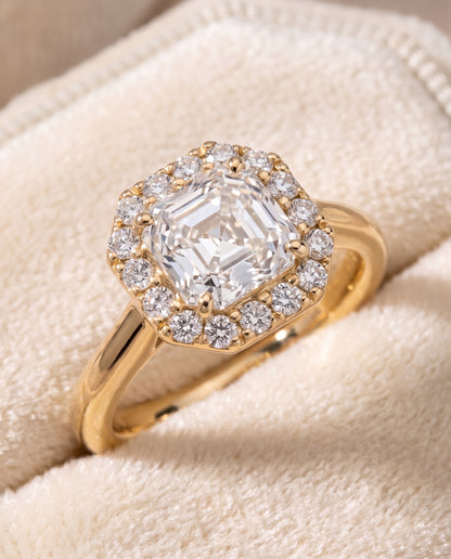 The Etta Classic Shared Prong Halo Asscher Cut Engagement Ring Setting in 18K Yellow Gold
