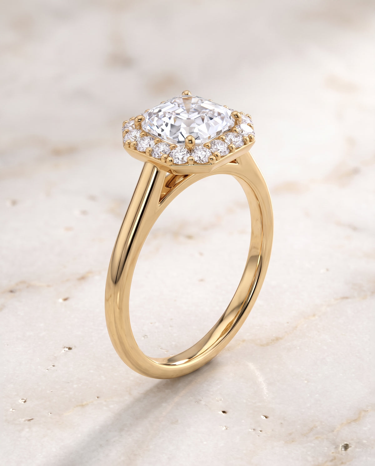 The Etta Classic Shared Prong Halo Asscher Cut Engagement Ring Setting in 18K Yellow Gold