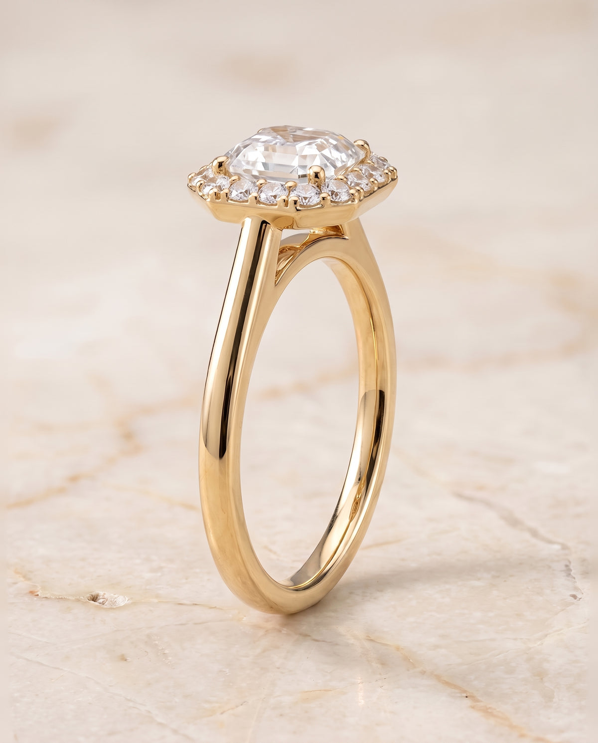 The Etta Classic Shared Prong Halo Asscher Cut Engagement Ring Setting in 18K Yellow Gold