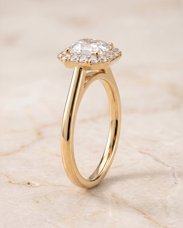 The Etta Classic Shared Prong Halo Asscher Cut Engagement Ring Setting in 18K Yellow Gold