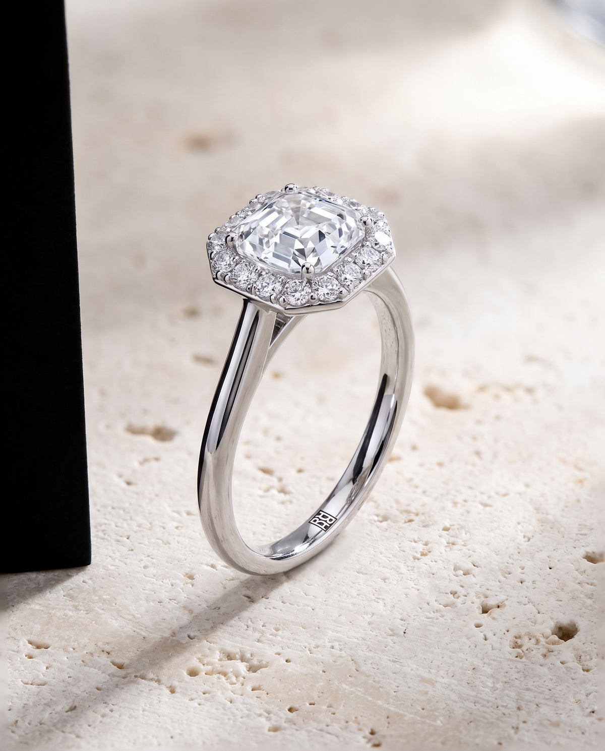 The Etta Classic Shared Prong Halo Asscher Cut Engagement Ring Setting in Platinum