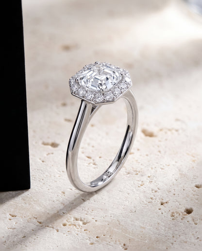 The Etta Classic Shared Prong Halo Asscher Cut Engagement Ring Setting in Platinum