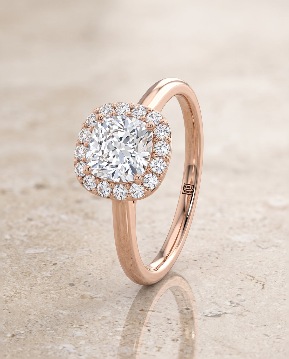 The Etta Classic Shared Prong Halo Cushion Cut Engagement Ring Setting in 14K Rose Gold
