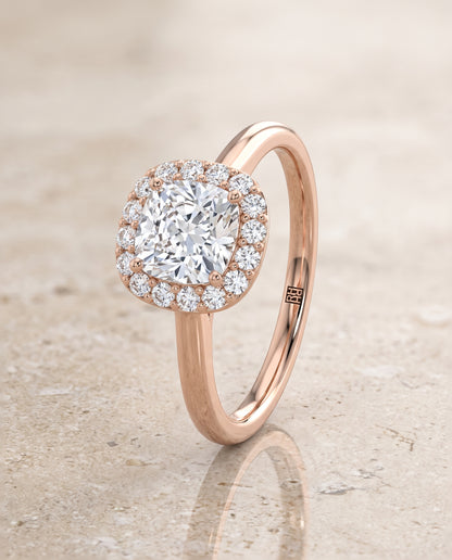 The Etta Classic Shared Prong Halo Cushion Cut Engagement Ring Setting in 14K Rose Gold
