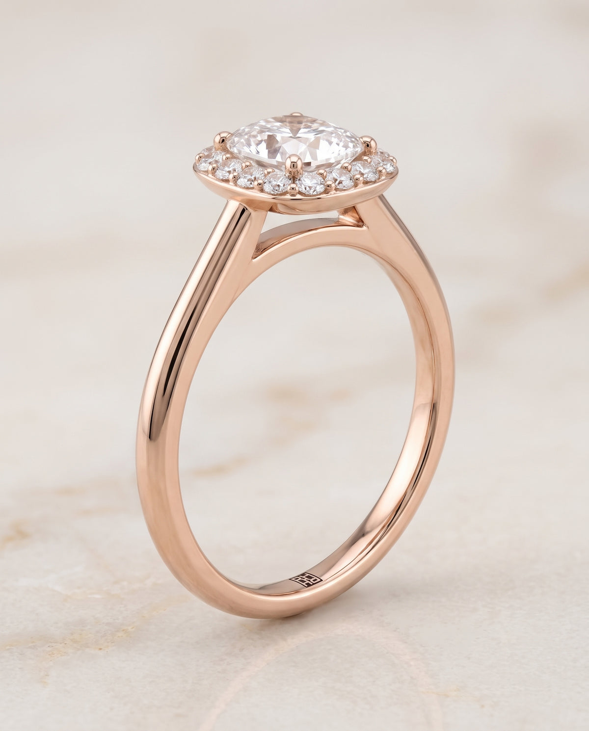The Etta Classic Shared Prong Halo Cushion Cut Engagement Ring Setting in 14K Rose Gold