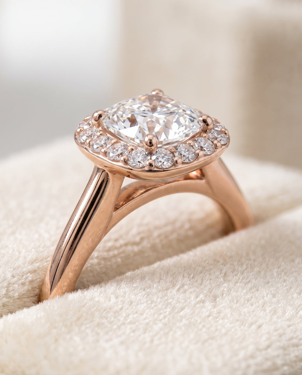 The Etta Classic Shared Prong Halo Cushion Cut Engagement Ring Setting in 14K Rose Gold