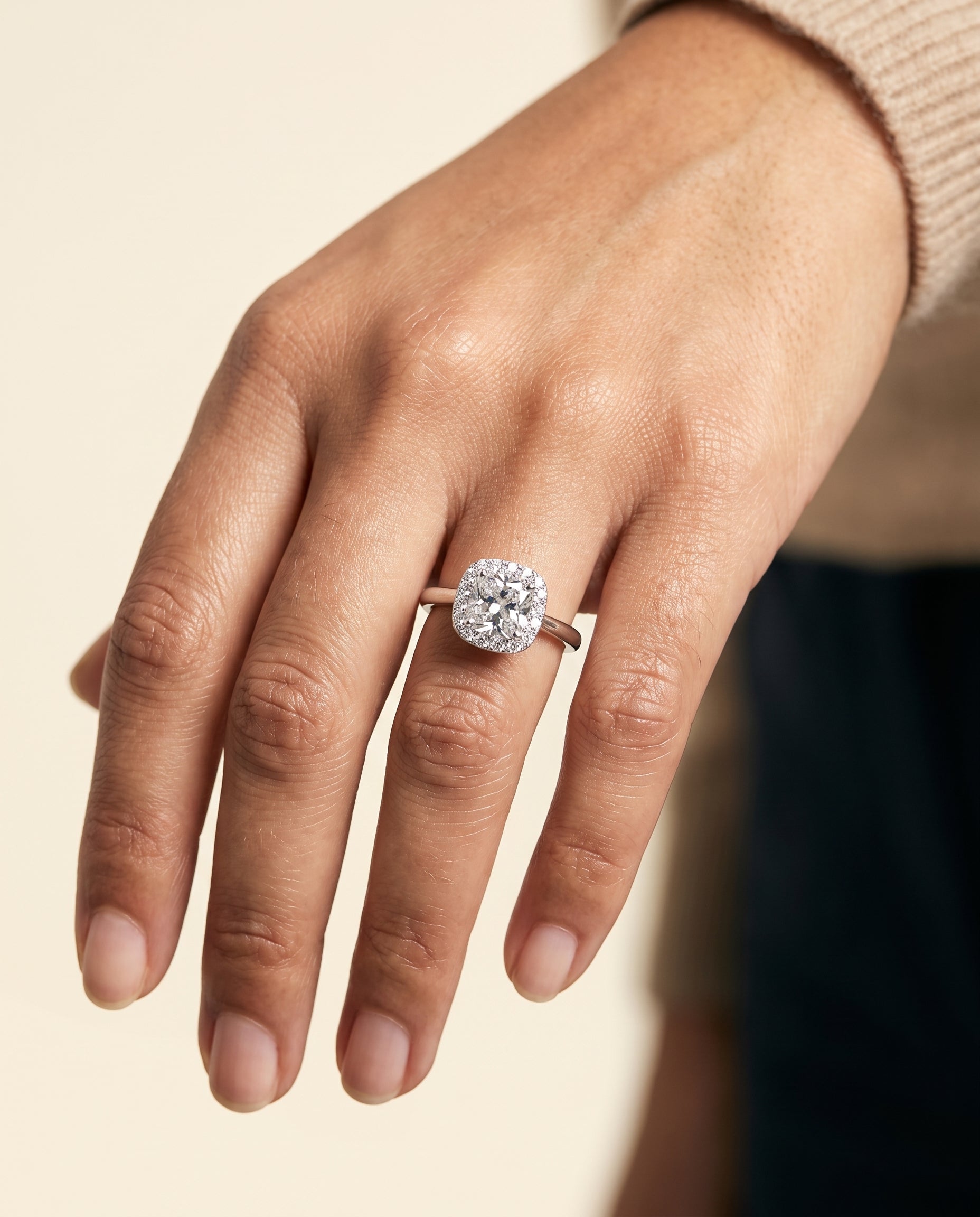 The Etta engagement ring setting in Platinum, classic shared prong halo cut design | RockHer