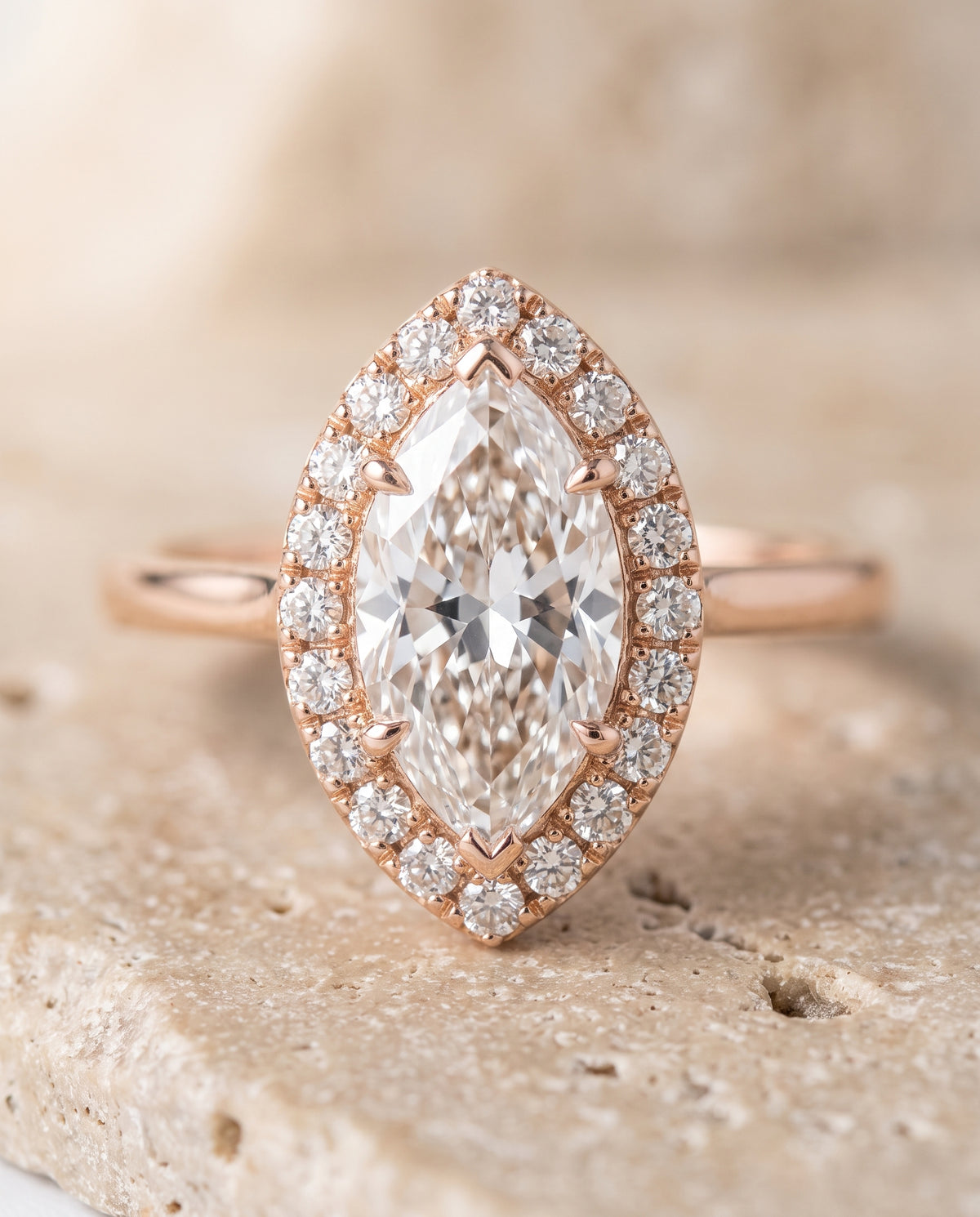 The Etta Classic Shared Prong Halo Marquise Engagement Ring Setting in 14K Rose Gold