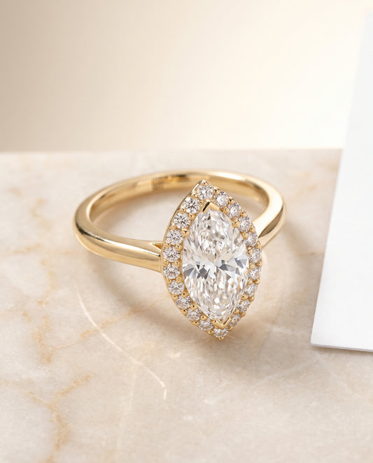 The Etta Classic Shared Prong Halo Marquise Engagement Ring Setting in 18K Yellow Gold