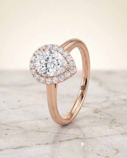 The Etta Classic Shared Prong Halo Pear Engagement Ring Setting in 14K Rose Gold